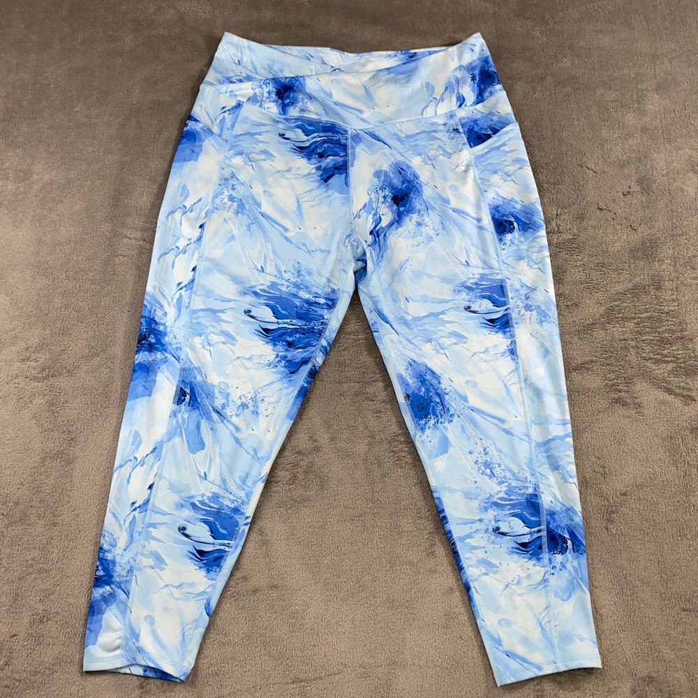 Earth Yoga Leggings Size 1X Blue Abstract Print‎ Athletic Capris Gym Workout EUC